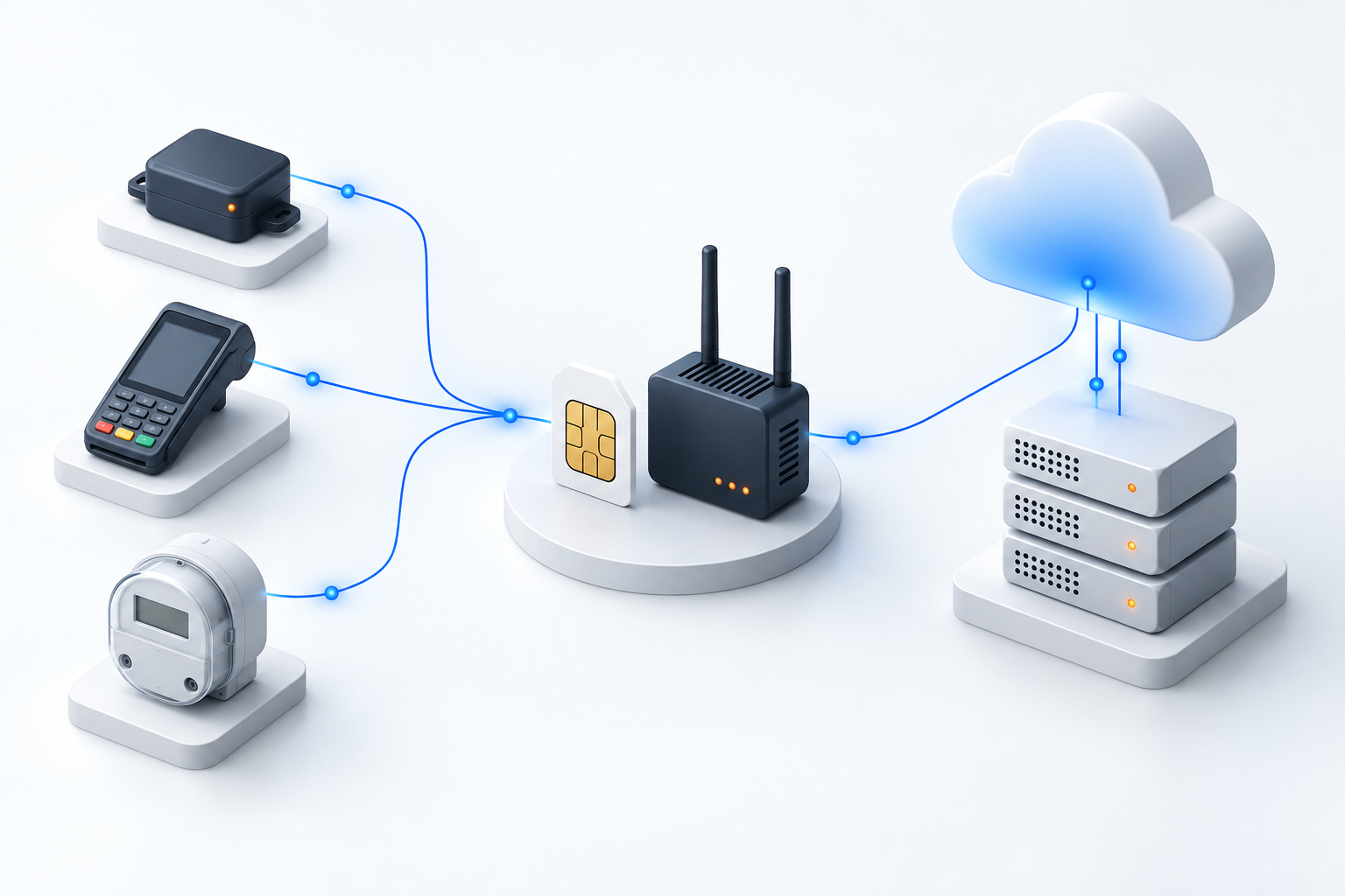 Global IoT SIM 连接概念图:GPS 定位器、POS 和表计设备、蜂窝网关与云服务