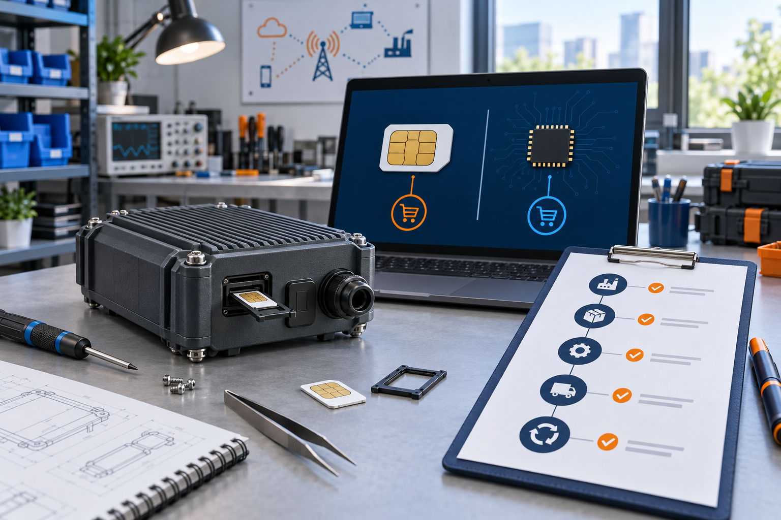 坚固型无品牌 IoT 设备外壳、实体 SIM 卡槽和电脑上的抽象 eSIM 电路画面